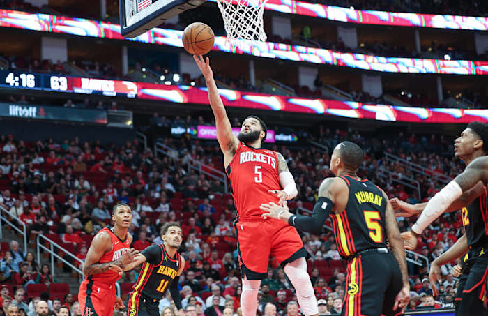 Rockets guard Fred VanVleet shoots the ball during the second quarter against the Atlanta Hawks at Toyota Center.